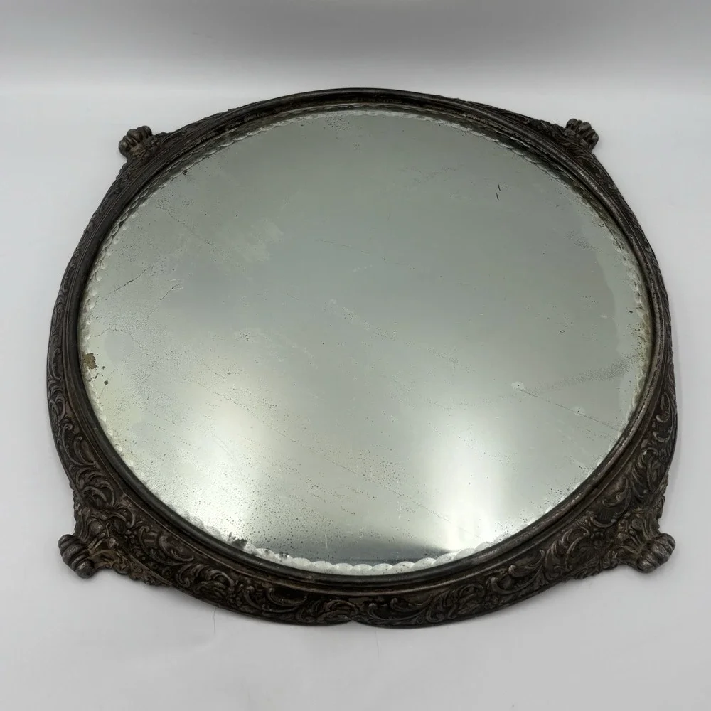 Antique Von Bergh S.P. Co. Beveled Mirror Silver Plated Repousse Vanity Plateau